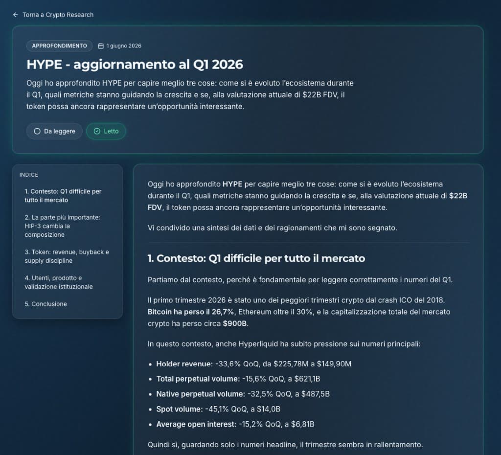 Pagina approfondimento Crypto Research con indice e analisi token