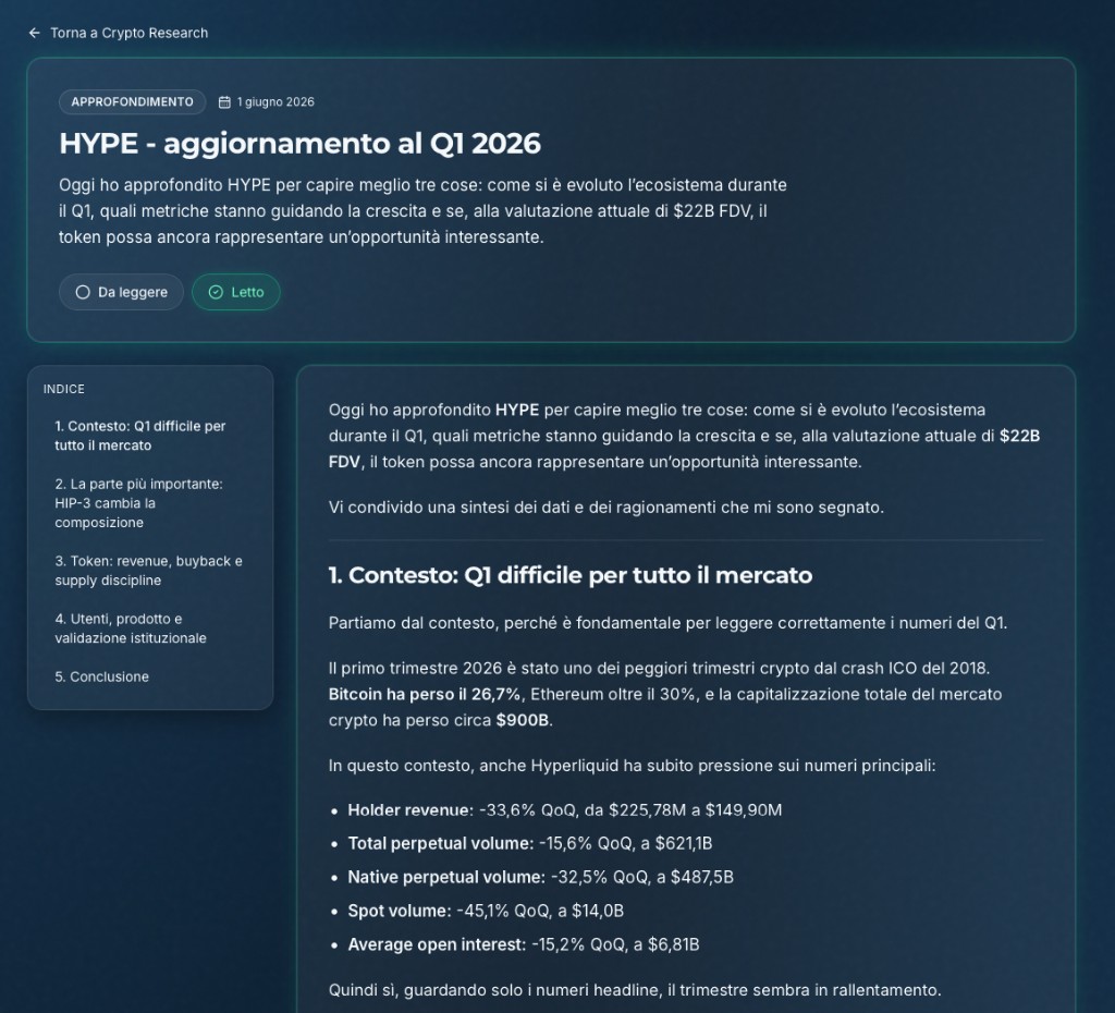 Pagina approfondimento Crypto Research con indice e analisi token